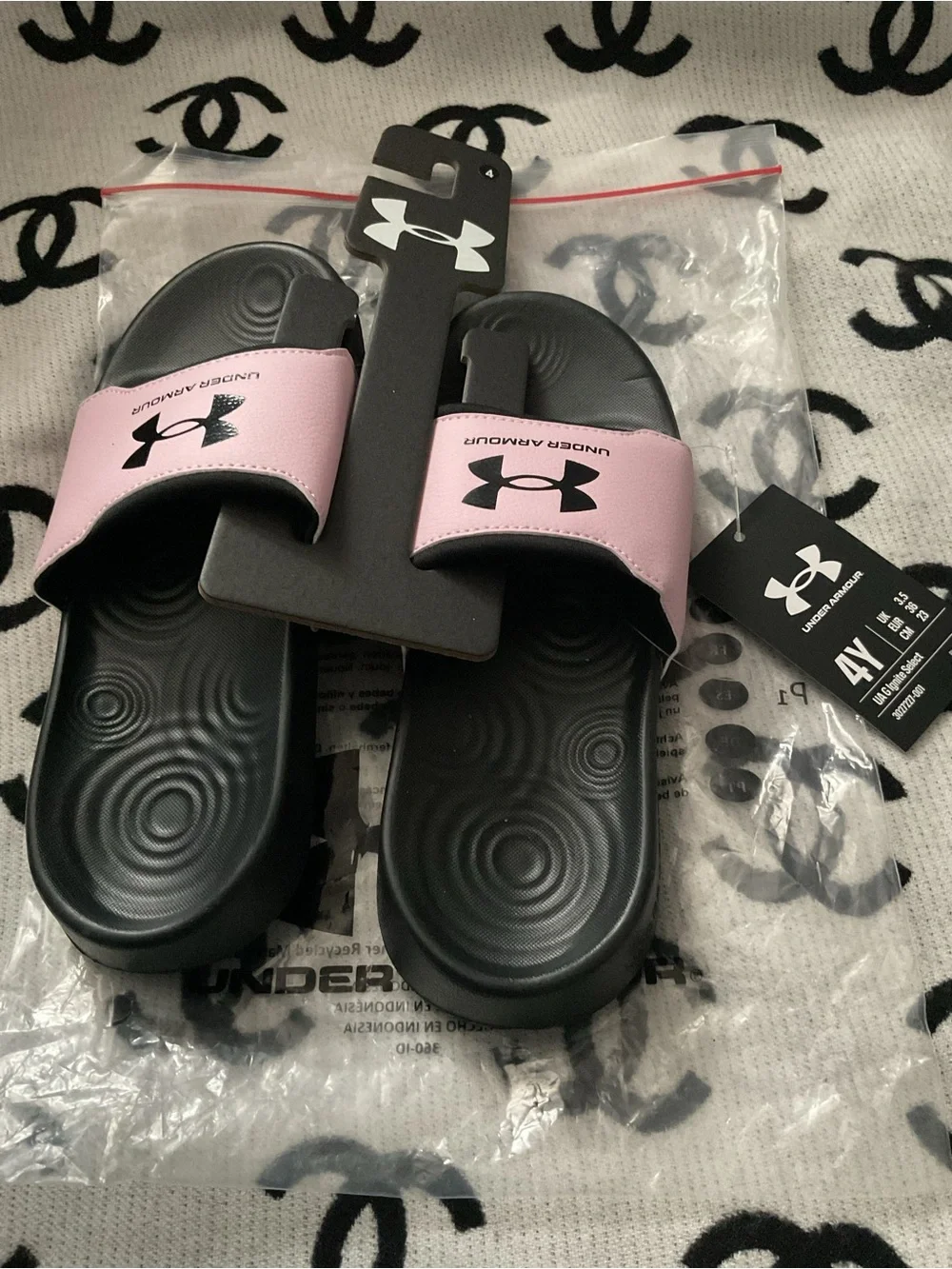 Under Armour Pink and Black Adjustable Slide Sandals